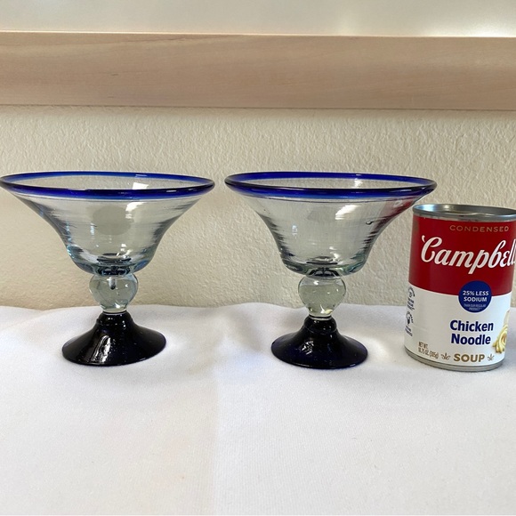 Set Margarita Glasses Cobalt Blue Rim Pedestal Hand Blown Bubble Glass Vtg Wine - Picture 9 of 10